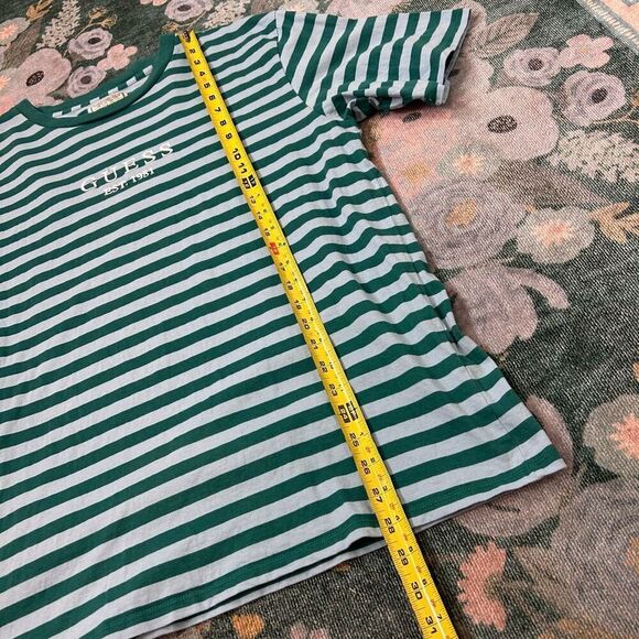 Guess Mens T-Shirt Medium Striped Short Sleeve 90s Y2K Spellout Embroidered Blue - Picture 10 of 10
